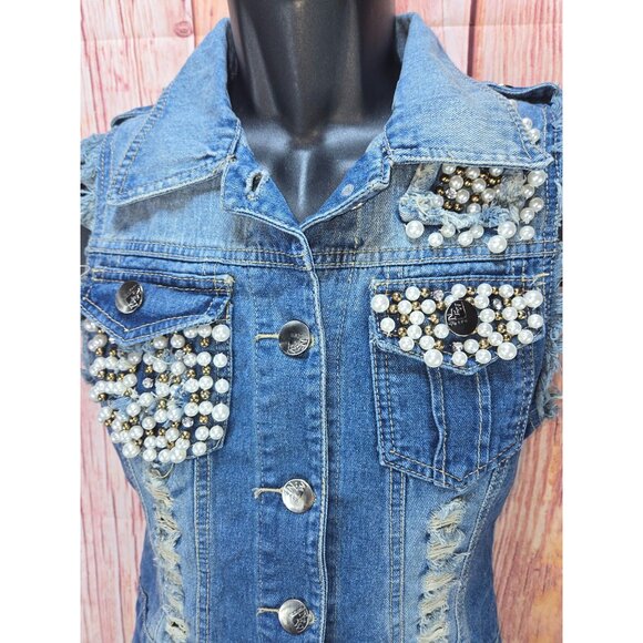 L Love Beaded-Distressed Blue Denim Vest Jacket Small - Pearl Embellished - Picture 3 of 7